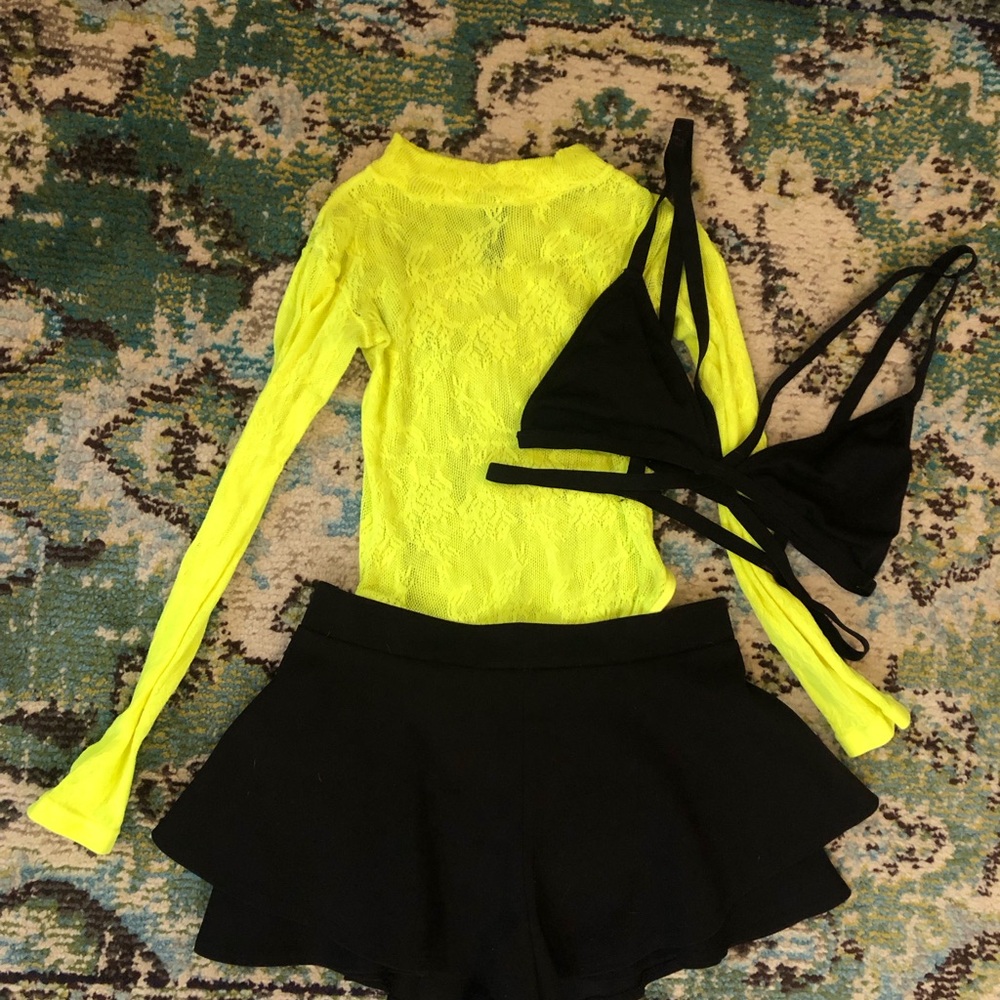 Neon Yellow Lace Top and Black Skirt- Festival Set